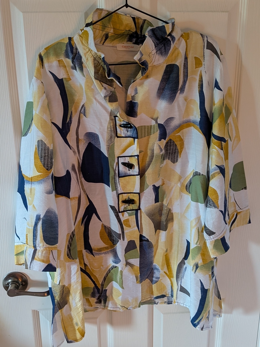 Casual Abstract-Print Tunic Top in White with Navy, Yellow & Green - Casamia
